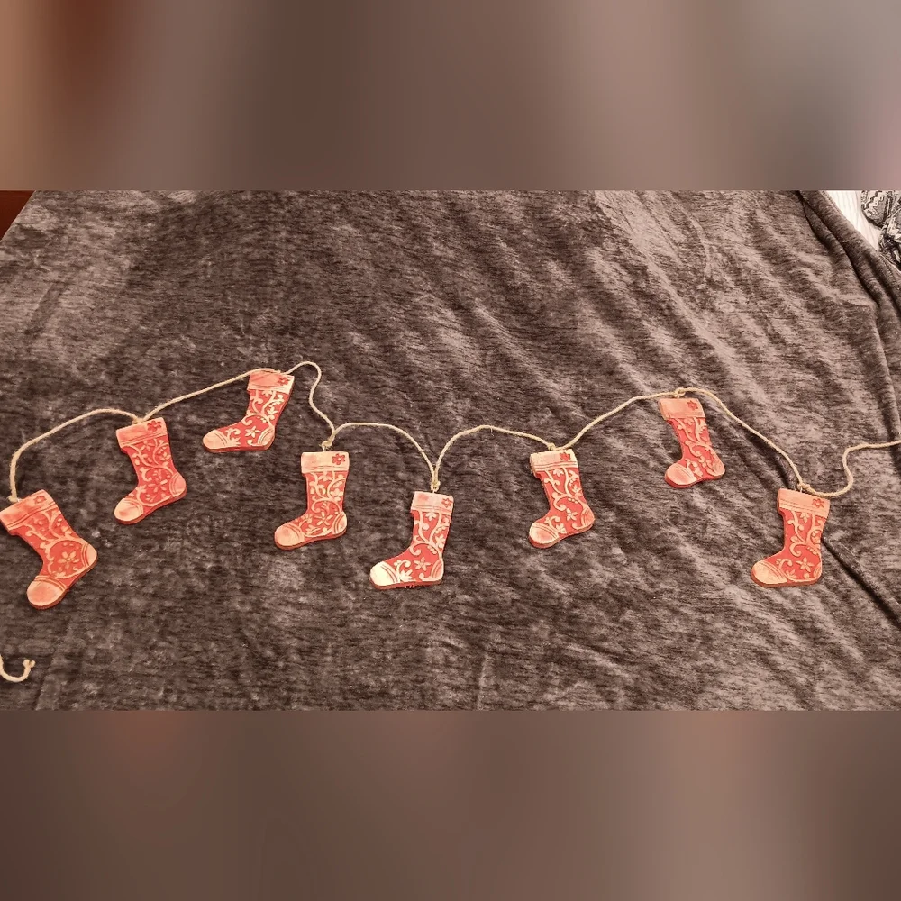 Christmas Rustic Wooden Red Stocking Garland